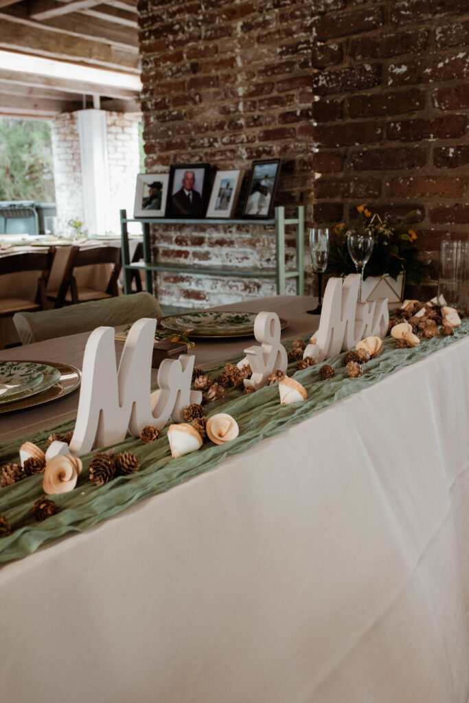 Mr and Mrs signs displayed on the bride and groom table